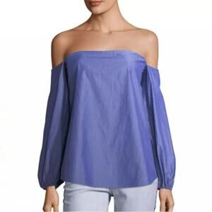 Theory Laureema Off the Shoulder Poplin Top Blue Amherst Stripe Size 6 NWT